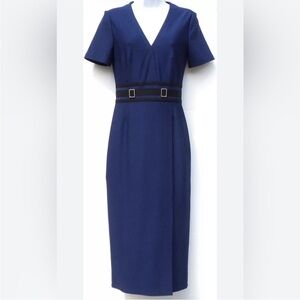 Yigal Azrouël Short Sleeve V Neck Grosgrain Waist Dress